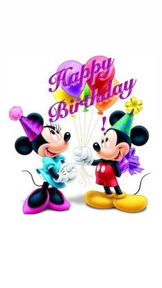 two mickey and minnie mouses holding balloons with the words happy birthday