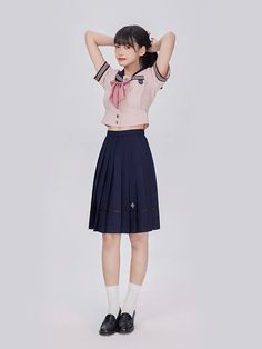 Butterfly Girl Summer Sailor Uniform Women's Suit High Waist Slim – ntbhshop Sakura Petals, Sailor Top, Uniform Skirt, Trendy Fashion Tops, Sailor Collar, Blue Embroidery, Harajuku Fashion, Women Set, Short Skirt