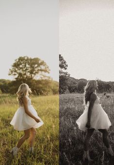 two girls in white dresses are walking through the grass and one girl is wearing a dress