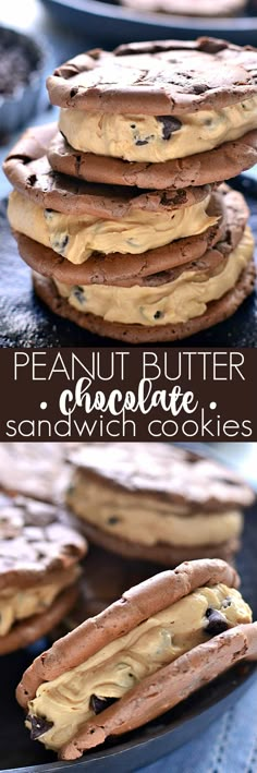 peanut butter chocolate sandwich cookies stacked on top of each other