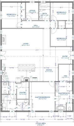 a blueprinted floor plan for a house with two bathrooms and an office area