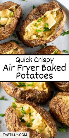 an air fryer baked potato is shown on a plate