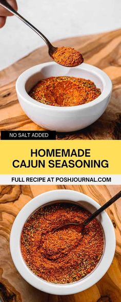 two bowls filled with homemade cajun seasoning on top of a wooden cutting board