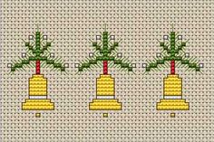 three christmas bells with holly branches on them are shown in the cross stitch pattern, which is