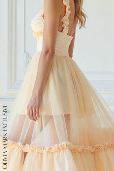 Olivia Mark - Romantic Pastel Peach Tulle Midi Dress with Ruffled Straps and Waist Cinch Tulle Midi Dress, Cinched Waist, Olivia Mark, Midi Dress, Pastel