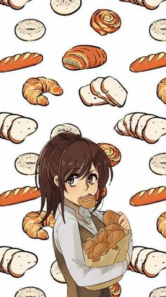 an anime character is holding bread in front of many rolls