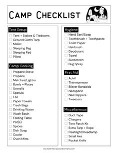 pdf of camping checklist for tent camping Camp Checklist, Forest Getaway, Camping Checklist Printable, Scotty Camper, Camping Setup, Camping Dinner, Table Chargers, Camping Things, Camping Essentials List