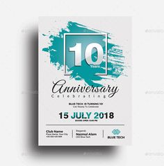 the 10th anniversary celebration flyer is displayed on a white background with blue and green paint