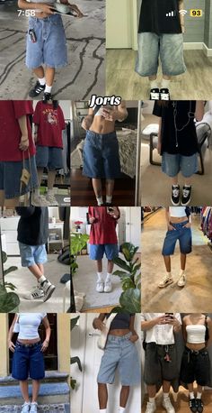 Streetwear Outfit Shorts, Jorts Outfit Inspo Y2k, Light Jorts Outfit, Y2k 90s Outfits, Skater Jorts Outfit, How To Style Long Jean Shorts, Easy Fit Ideas, Testing Outfits Finals Week