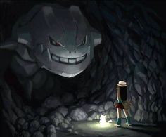 a woman standing in front of a cave next to a glowing light with an evil face on it