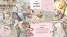 there is a collage with pink and white items in it, including a teddy bear