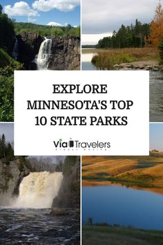 Collage of four diverse Minnesota state parks showcasing waterfalls, a serene lake, verdant cliffs, and open grasslands with text overlay "Explore Minnesota's Top 10 State Parks via Travelers". Mn State Parks, Tettegouche State Park, Minnesota State Parks, Minnesota State, Nature Trail, Outdoor Adventure, Hiking Trails