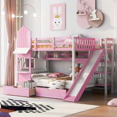 a child's bedroom with pink bunk beds and white rugs on the floor