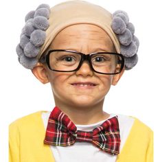 a young boy wearing glasses and a bow tie with hair in the shape of an old man