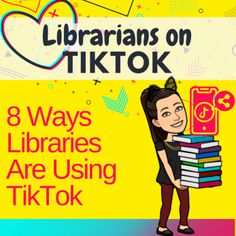 a man holding a stack of books with the title 8 ways librarians are using tiktok