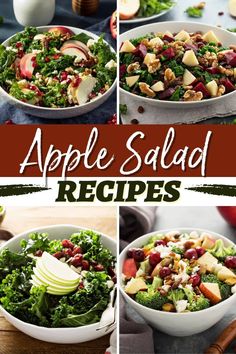 four photos showing different types of salads with apples and cranberries in them