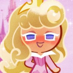 a cartoon girl with blonde hair and blue eyes in front of a pink castle background