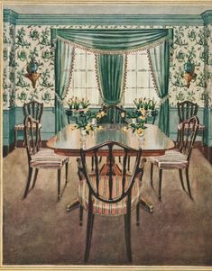 a painting of a dining room with green curtains and floral wallpaper on the walls