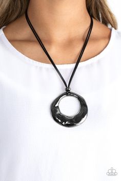 Tectonic Treasure - Black Gunmetal Necklace - Paparazzi Accessories - An oversized, oblong, gunmetal hoop rippling with hammered textures swings from the bottom of a collection of black cording. A single gunmetal bead glides down the bottom of the cording for a dramatic industrial look, anchoring the cording to the hoop. Black Jewelry Necklace, Accessories Website, Paparazzi Accessories, Black Necklace, Paparazzi Jewelry, Short Necklace, Jewelry Cleaner, Stylish Jewelry, Gold Hoop