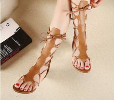 Knee High Hollow Out Leather Gladiator Sandals Leather High Heel Lace-up Sandals For Summer, Leather High Heel Lace-up Sandals For Beach, Leather High Heel Lace-up Beach Sandals, Knee High Gladiator Sandals, Gladiator High Heels, Brown Flip Flops, Cheap Sandals, Leather Gladiator Sandals, Bootie Sandals