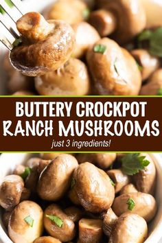 a spoon full of buttery crockpot ranch mushrooms with the title above it