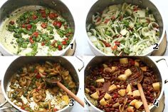 four pictures showing the steps in how to make pasta with vegetables and beans, including onions