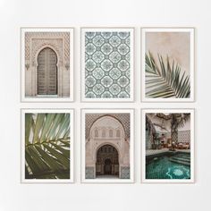 four different pictures are hanging on the wall in front of a pool and palm tree