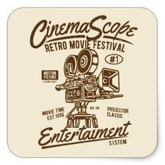 an old fashioned movie camera with the words cinema scope and entertainment system in brown on a beige background