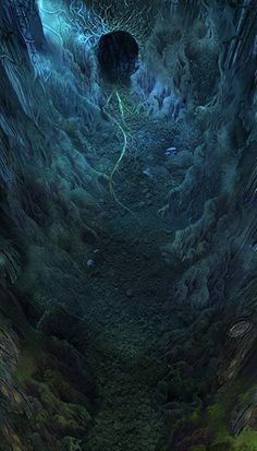 an image of a dark cave with moss growing on the ground