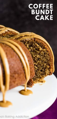 coffee bundt cake on a white plate with caramel drizzled around it