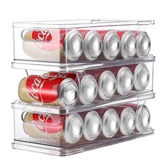 three tiered storage bins holding cans of soda