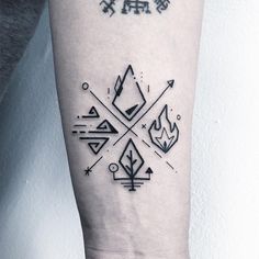 a black and white photo of a tattoo on the left arm, with symbols in it