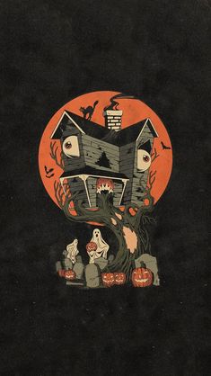 an old fashioned halloween scene with pumpkins in front of a house and ghost on the roof