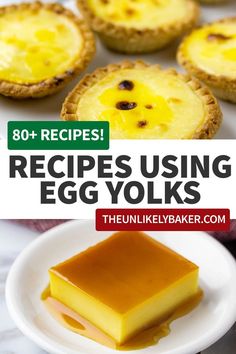 an egg yolk recipe on a plate with the title text overlay reads 80 recipes using egg yolks