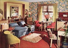 an old photo of a living room with floral wallpaper on the walls and furniture