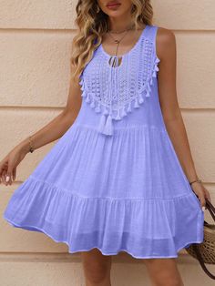 Discover the ultimate elegant summer look with our Sun-Kissed Elegance: Lace Splicing Tassel Detail Ruffle Hem Midi Dress. The intricate lace splicing and delicate tassel details add a touch of sophistication to this midi dress, while the flowy ruffle hem adds a playful and feminine touch. Perfect for any summer occasion. Color : Baby Blue Style : Boho Details : Ruffle Hem, Fringe, Knot Type : Tank, Smock Pattern Type : Plain Sleeve Length : Sleeveless Neckline : Tie Neck Waist Line : High Waist Smock Pattern, Style Bleu, Lace Splicing, Dress For Summer, Summer Gifts, Summer Maxi, Mesh Long Sleeve, Blue Style, Women Long Dresses