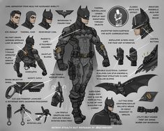 the batman costume is shown with all its accessories and armor, as well as instructions for how to wear it