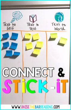 a white board with sticky notes attached to it and the words connect and stick it