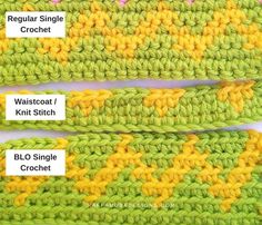 three crochet stitches with the names of each stitch