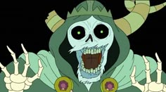 an animated image of a skeleton with horns and fangs on it's head, holding two hands up in the air