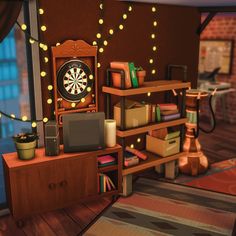 a room filled with lots of furniture and a dart board on top of a shelf