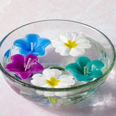 three colorful flowers are in a glass bowl