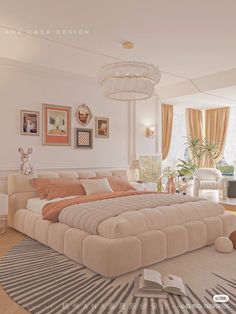 a large bed sitting in the middle of a living room