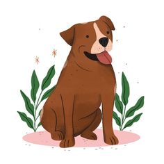 a brown dog sitting on top of a pink floor next to green plants and stars