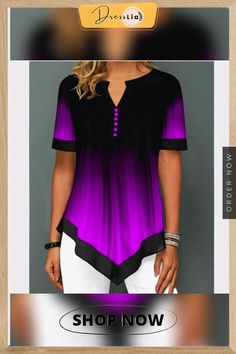 Shirt Blouse Fashion Large Size Tops Women Casual V Neck Shirt Ladies Loose Floral Print Tunic Shirt Summer Blouse With Split Neck And Buttons, Summer Split Neck Blouse With Buttons, Purple Short Sleeve Blouse With Buttons, Purple Short Sleeve Button Blouse, Summer Purple Half Sleeve Blouse, Purple V-neck Summer Shirt, V-neck Blouse Piece For Summer, Elegant Multicolor Short Sleeve Blouse, Purple V-neck Blouse With Buttons