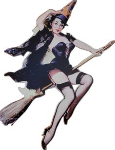 a woman flying through the air on top of a broom wearing a witches hat and holding a broom