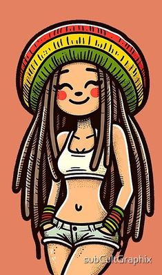 a drawing of a woman with dreadlocks on her head and wearing a hat