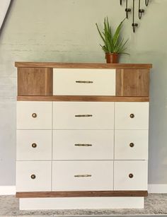 a white dresser with wooden drawers and plants on top