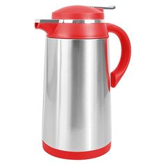 a red and silver coffee pot on a white background