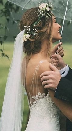 a bride and groom are standing under an umbrella in the rain, looking into each other's eyes